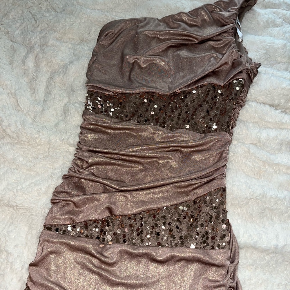 Dark champagne colored formal,
mermaid dress with sequence